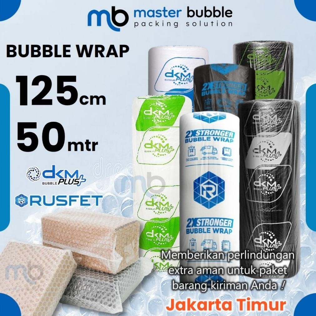 

Plastik Bubble Wrap Merek DKM / RUSFET Roll 125cm x 50meter Putih Bening / Hitam Tebal Harga Murah AST