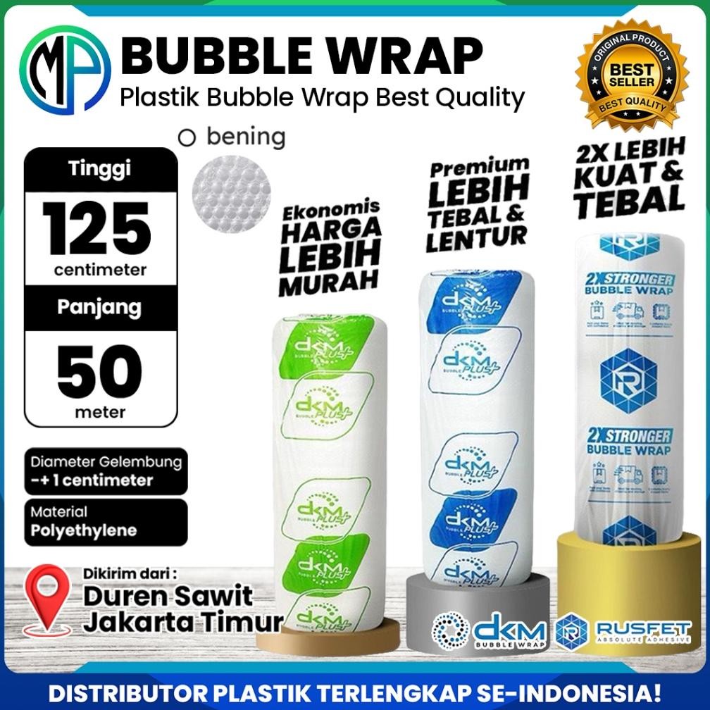 

Plastik Bubble Wrap Roll Bening 125cm x 50m Berat 3Kg Merek DKMPlus dan Rusfet Coreless Harga Grosir AST