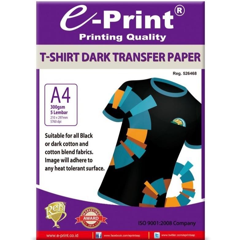 

T-Shirt Dark Transfer Paper e-Print A4 300Gsm 5 Lembar Kertas Baju TShirt Gelap / Hitam AST
