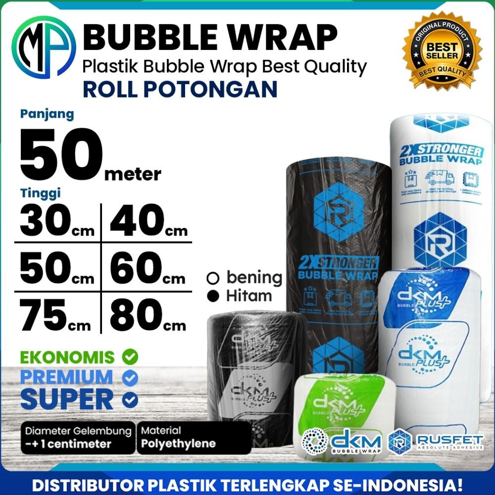 

Plastik Bubble Wrap DKM Potongan 30cm 40cm 60cm 80cm x Panjang 50meter Warna Putih Bening & Hitam AST