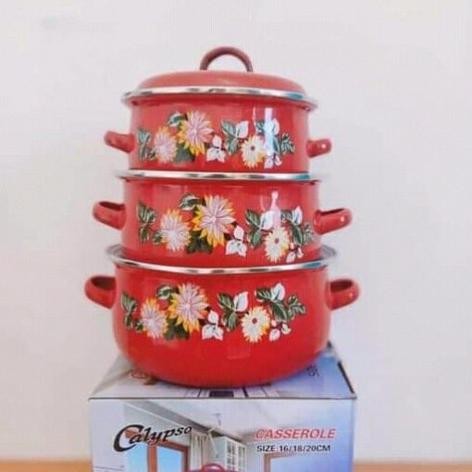 Panci Bunga Calypso 3 Susun / Panci Enamel Bunga Set 3pcs / Panci Enamel Lurik