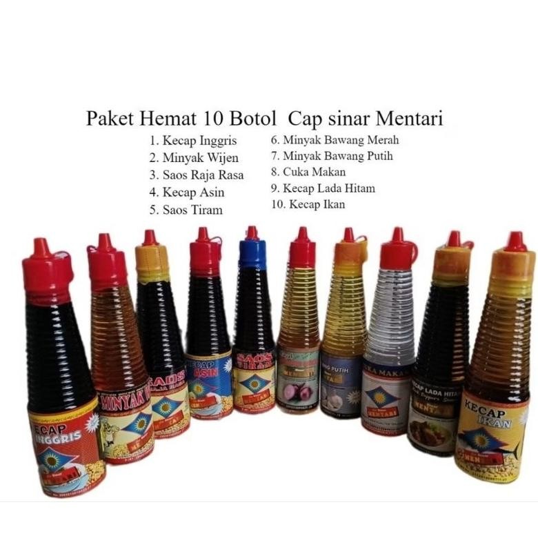 

Paket lsi 10 Botol Cap Sinar Mentari 150 MI-Minyak Wijen, Raja Rasa,Saos Tiram, Kecap Asin, Kecap ikan, Kecap inggris,minyak Bawang Merah, minyak Bawang putih, cuka Makan, kecap Lada Hitam