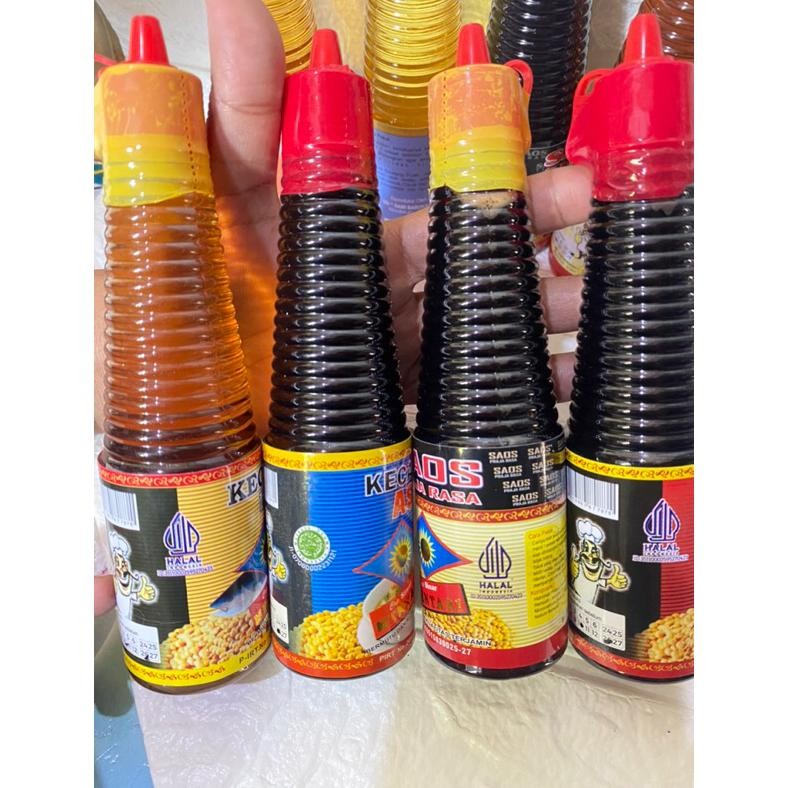 

Paket komplit 11 pcs (minyak wijen, minyak bawang merah , minyak bawang putih , minyak cabe , kecap asin, kecap inggris, kecap lada hitam, saus tiram, saus raja rasa, kecap ikan, cuka makan cap sinar mentari