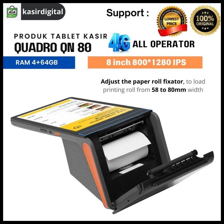 Terlaris Mesin Kasir Tablet Pos Quadro Qn 80 Android 13 Ram 4Gb + 64Gb 4G Support Playstore Nfc Scan