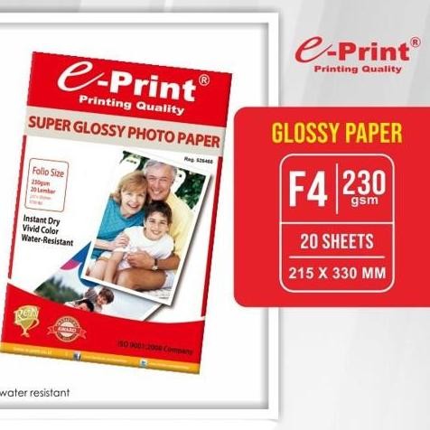 baru Kertas Photo F4 / Super Glossy Photo Paper Folio 230 Gsm E-Print ( per pak )