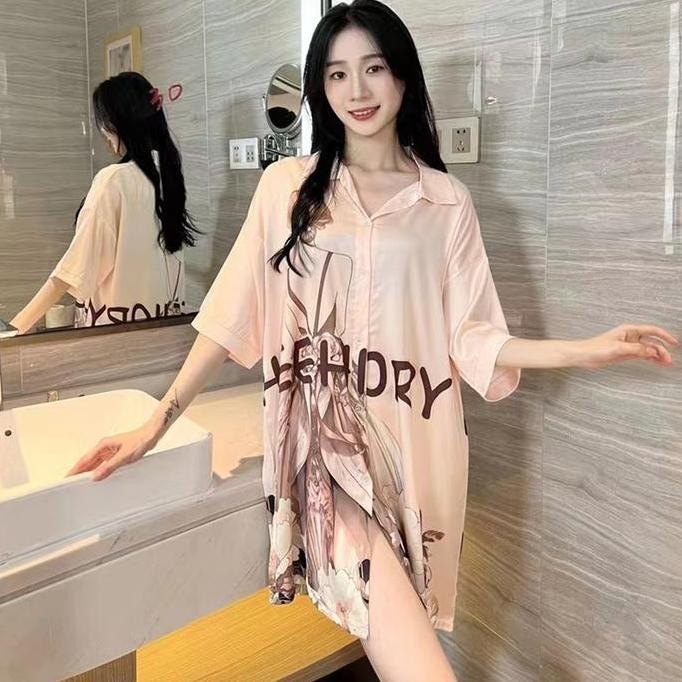 ready stock 2025 Baju Tidur Sutra Es Seksi Lengan Pendek Baru Baju Tidur Wanita Pakaian  Rumah Gaun 