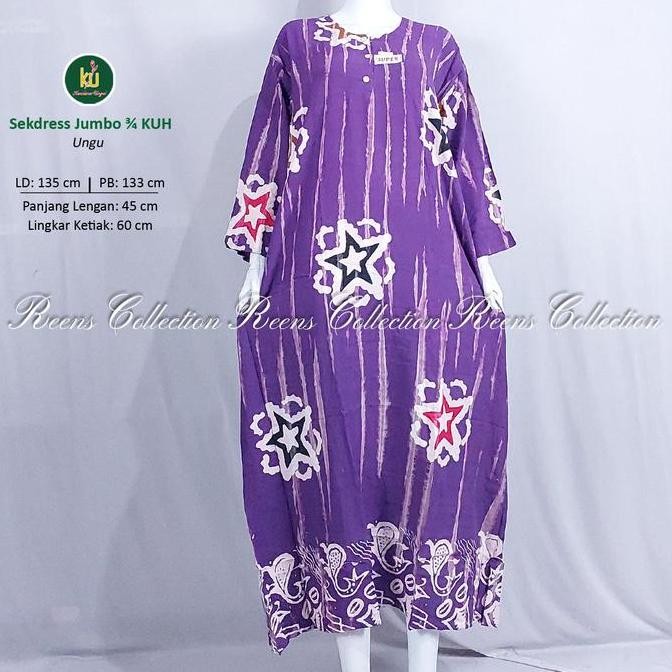 ready stock Sackdress JUMBO KUH | Batik Kencana Ungu Label Hitam | Longdress Jumbo Lengan 3/4 Panjan