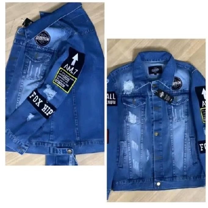 Jaket Jeans Denim biru dan putih motif  Terbaru Pria Wanita Keren Casual Distro, Panjang Cowok Biru 