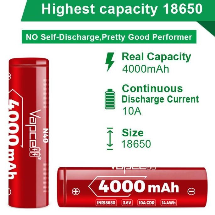 Baterai 18650 Vapcell N40 - 4000 Mah 10A | 100% Original