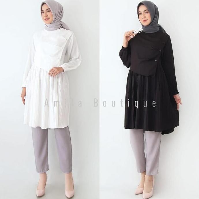 Atasan Tunik Muslim Wanita / Trish Blouse Panjang Hitam Putih Layer