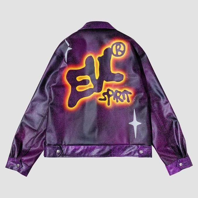 Grosir Evilspirit Leather Jacket -  Evelyn Purple Unisex Jaket Printing Pria Panjang Nyaman High Zip