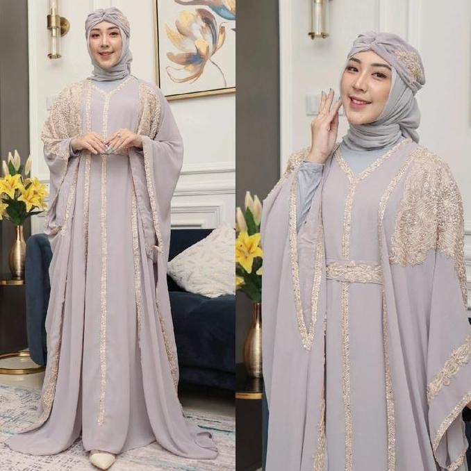 SALE Abaya/Kaftan Marwa Trendy Outer Lepas Pasang free Turban dan Manset Gamis / Abaya Mewah Lebaran