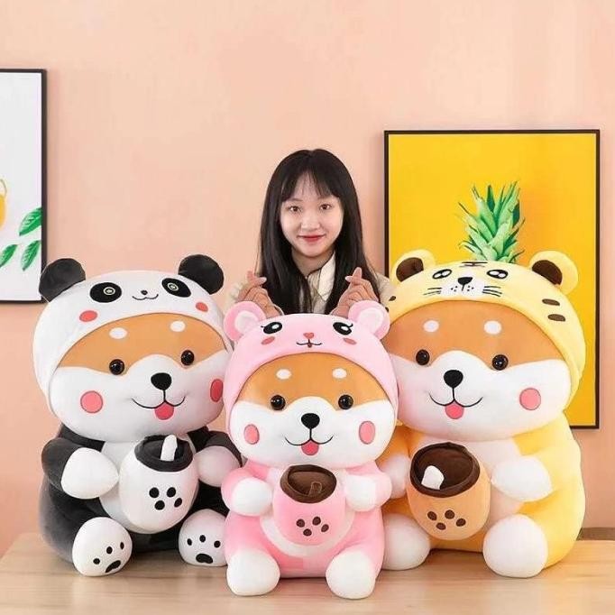 Boneka Shiba Inu pegang Boba MilkTea 30Cm Bahan Plush