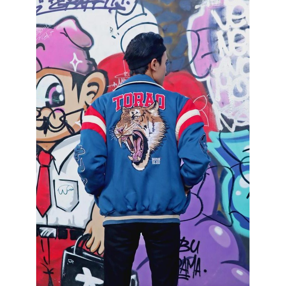 Bgsr Jacket Varsity Footballart Jaket Baseball Pria Kerah Premium Tebal Full Bordir Biru Macan Torao