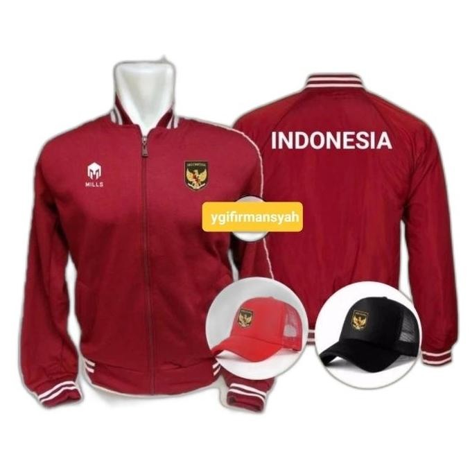 Jaket Varsity Logo Timnas Indonesia Logo Mills Kanan + Topi - Maroon (Best Quality)