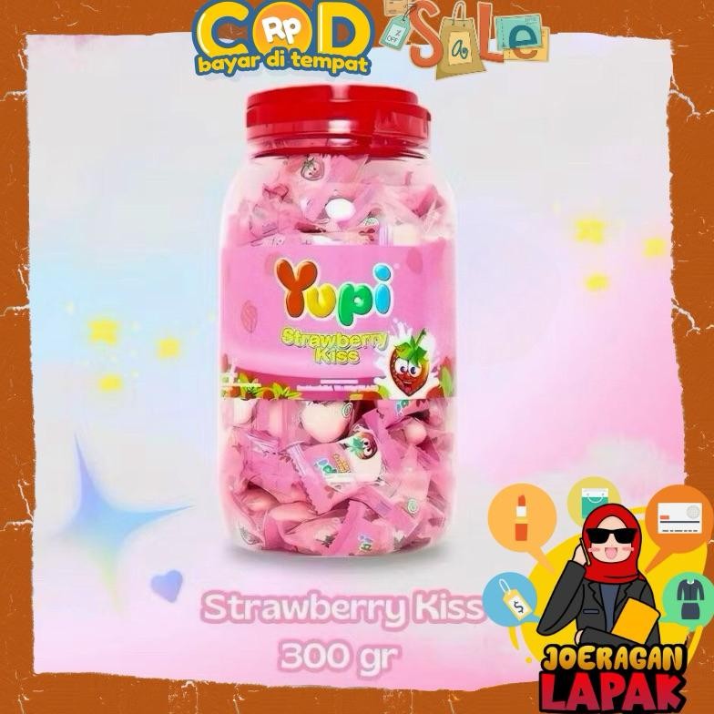 

Permen Yupi Strawberry Kiss Toples Berat 300 Gram Kemasan Jar Jelly Kenyal Manis Gula Stok