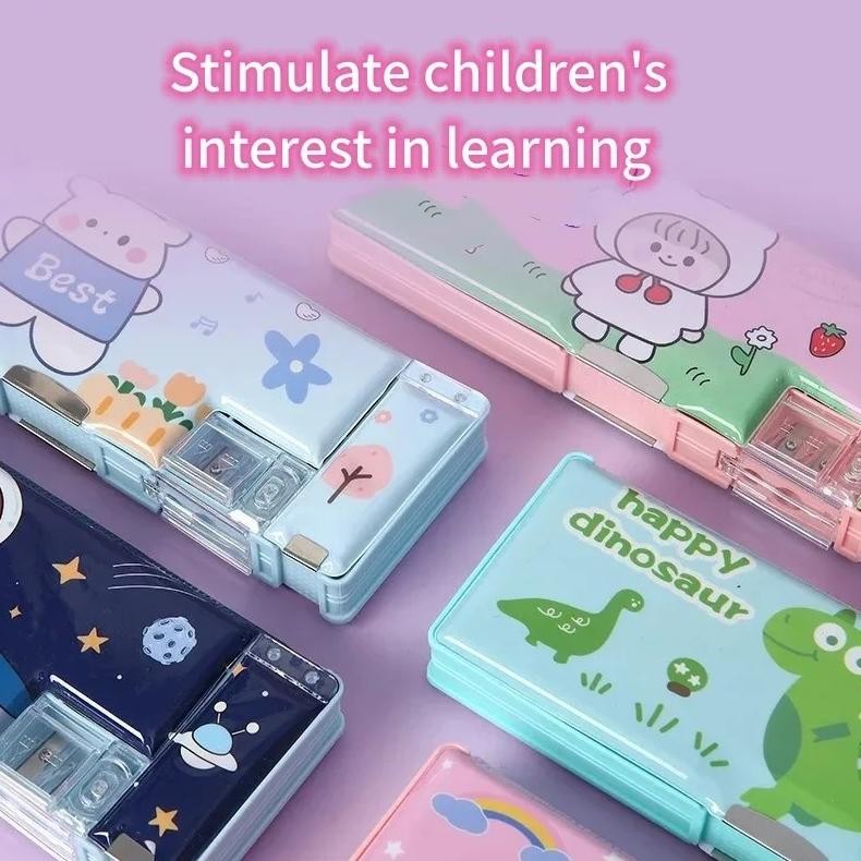 

Dfg-88 Kotak Tempat Pensil Lucu Pola Kartun Lapisan Ganda Dengan Rautan Pensil