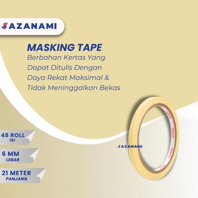 

1 PACK Lakban Kertas Masking Tape 1/4" Inch 6mm x 21m Sazanami 48 ROLL