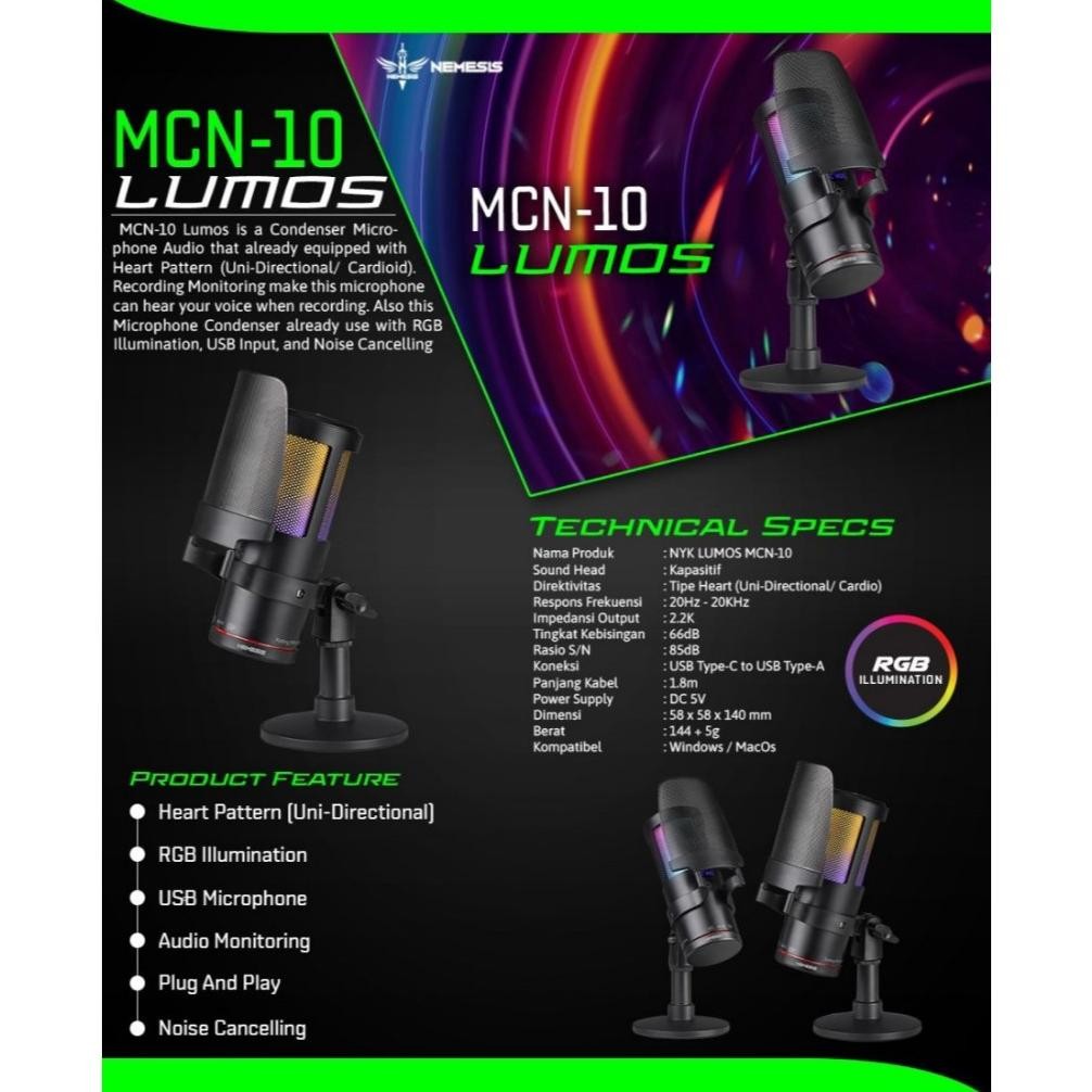 NYK Nemesis Mic Condenser RGB with Noise Cancelling Nemesis LUMOS MCN-10 | MCN10 Microphone ZU11