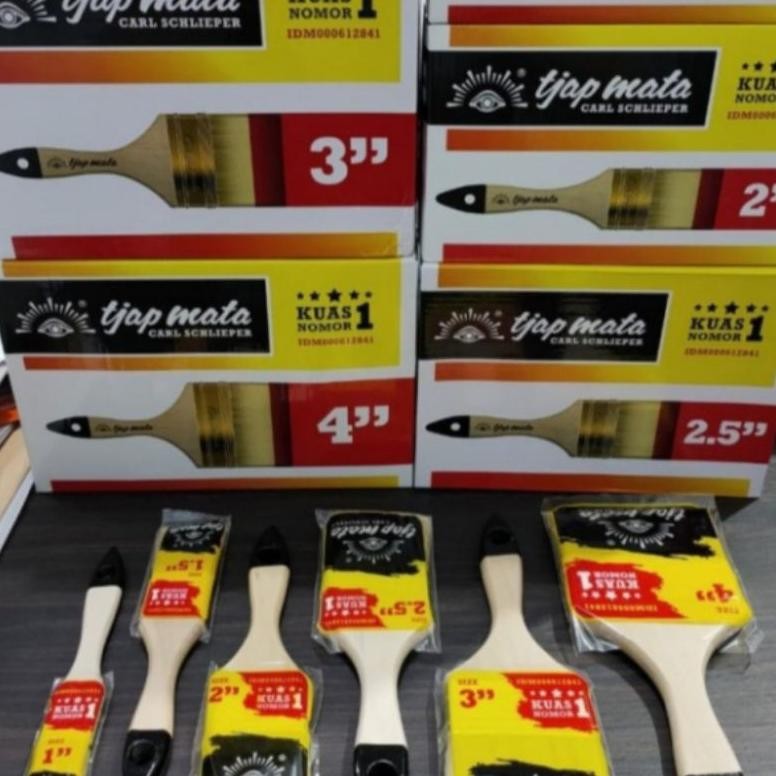 

baru kuas cat tjap mata gagang kayu berbagai ukuran 1"-4" per lusin - kuas cat tembok kualitas bagus