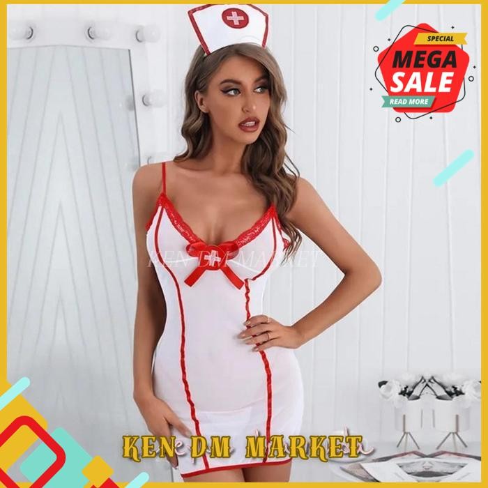 SET LINGERIE + BANDO + CD KOSTUM GAUN SUSTER TERAWANG LG233 KUALITAS BERKELAS 