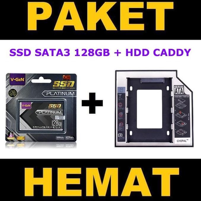 TERBARU - PAKET SSD Caddy SSD 128GB V-GeN PLATINUM RESCUE SATA 3 DVD Slot to SDD Slot 9.5mm-12.7mm