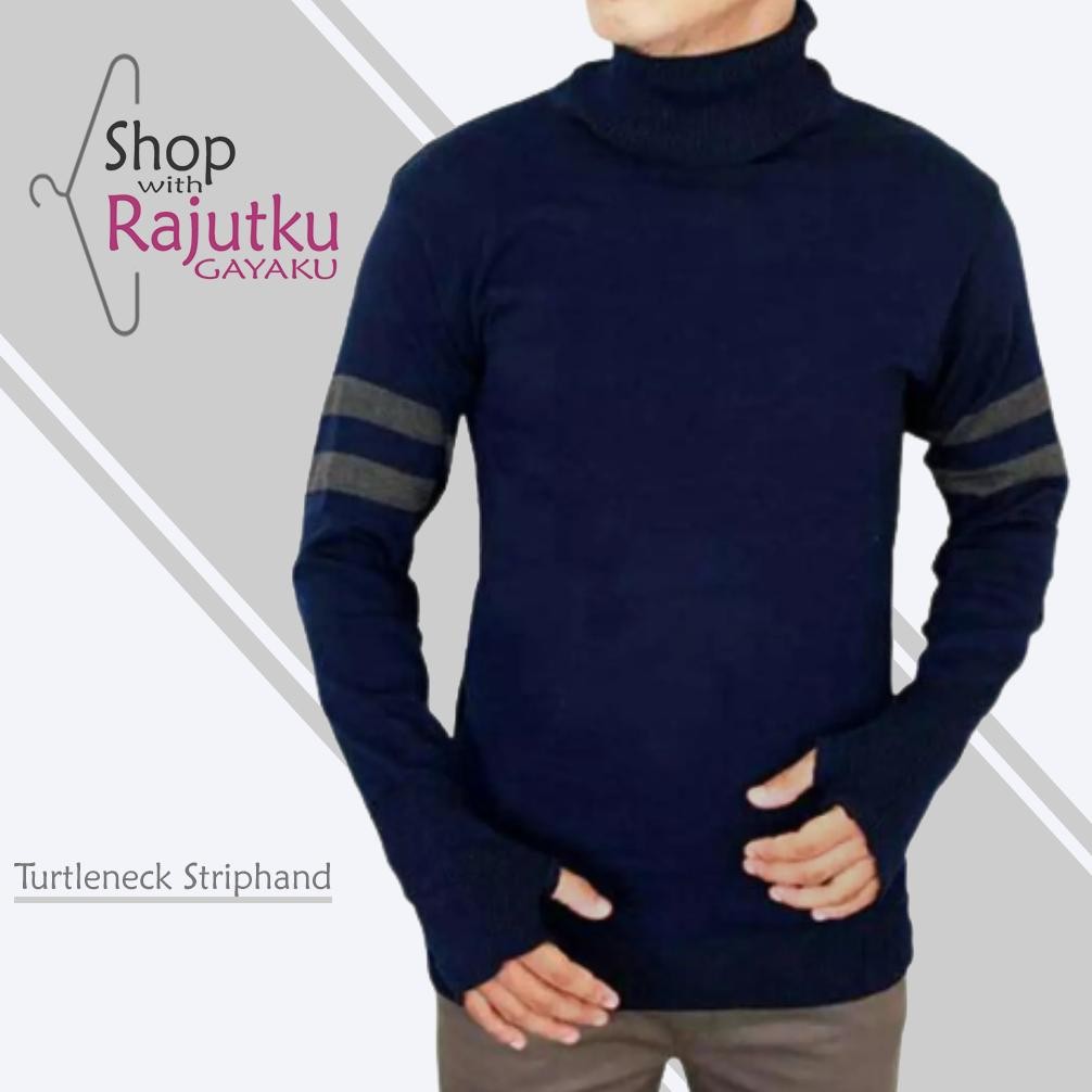 Sweater Rajut Pria Turtleneck Striphand Baju Kerah Tinggi Pria Dewasa Lengan Panjang Bahan Tebal Jun