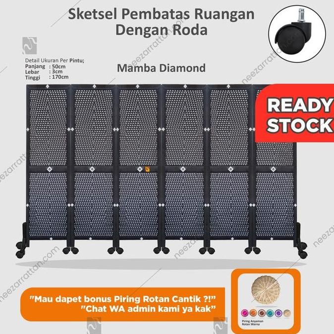Sketsel Partisi Pembatas Penyekat Ruangan 3 pintu Pakai Roda