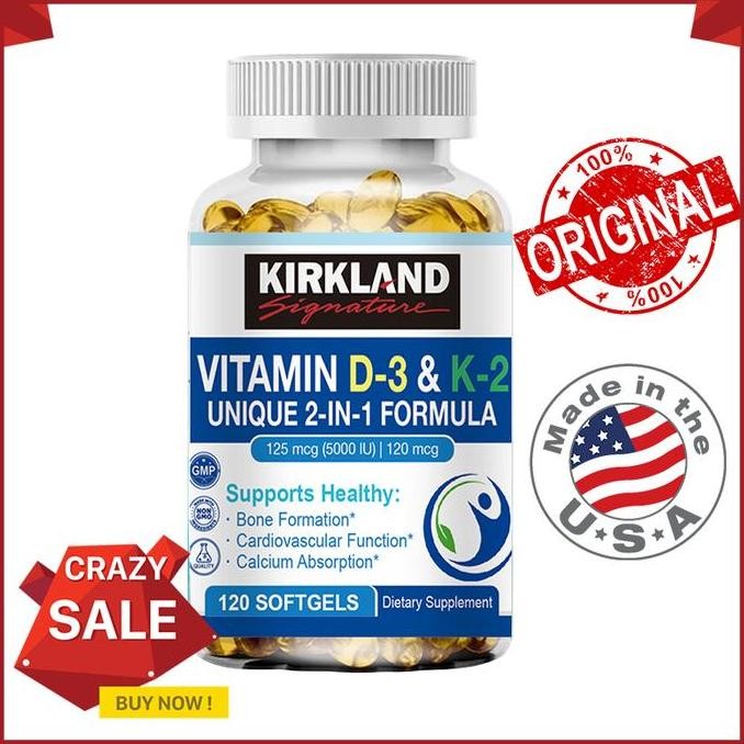 Kirkland Vitamin D3 5000 Iu Dengan Formula K2 (Mk7). Mendukung Otot, Tulang, Jantung Dan Kekebalan T