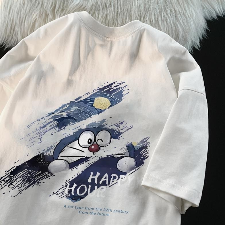 Promo Basuketo T-Shirt Pria Kaos Putih Pria Blue Doraemon Print Kaos Anime Baju Cowok Import Premium