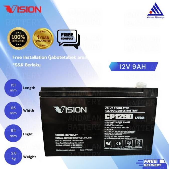 Baterai UPS Aki Kering VISION 12V 9Ah/VRLA CP1290 / AKI UPS 12V 9Ah