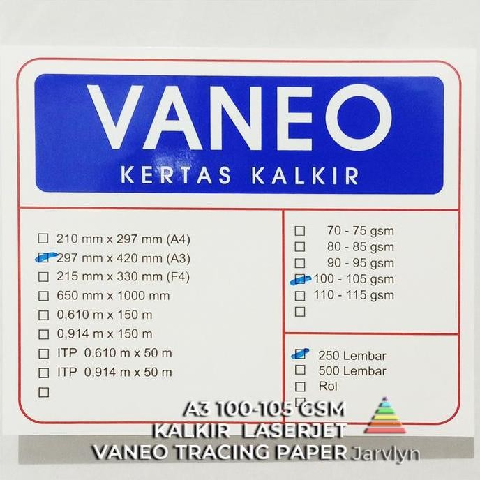 

BEBAS ONGKIR - JARVLYN - VANEO KERTAS KALKIR A3 100/105 GSM LASERJET TRACING PAPER GAMBAR ARSITEK SABLON STENCIL