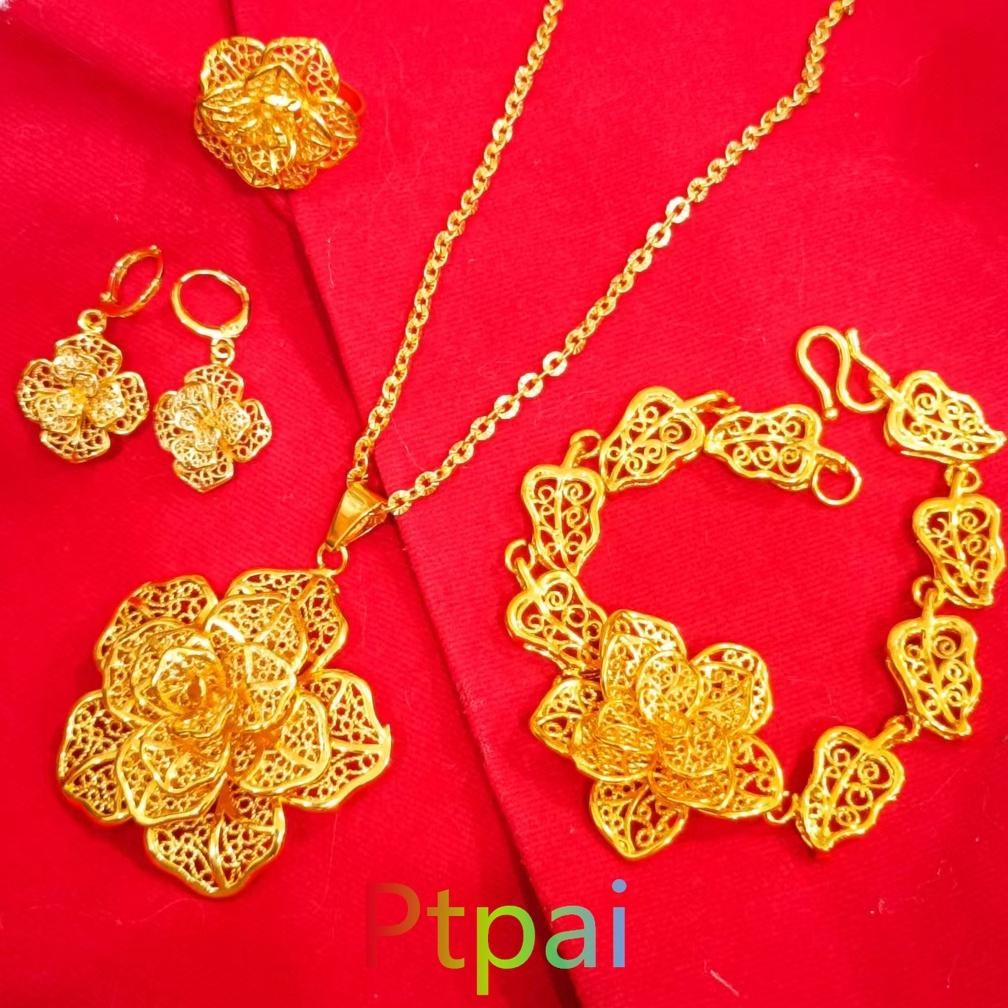 Hadiah Pernikahan Set gelang Kendari Bracelet+kalung+cincin+anting 24k gold xuping dubai terbaru per