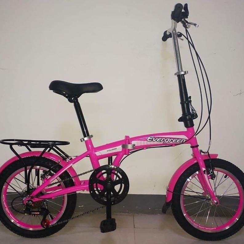 Sepeda lipat 16 inch evergreen rem v break velg alloy operan gigi 7 speed anak remaja ada boncengan 