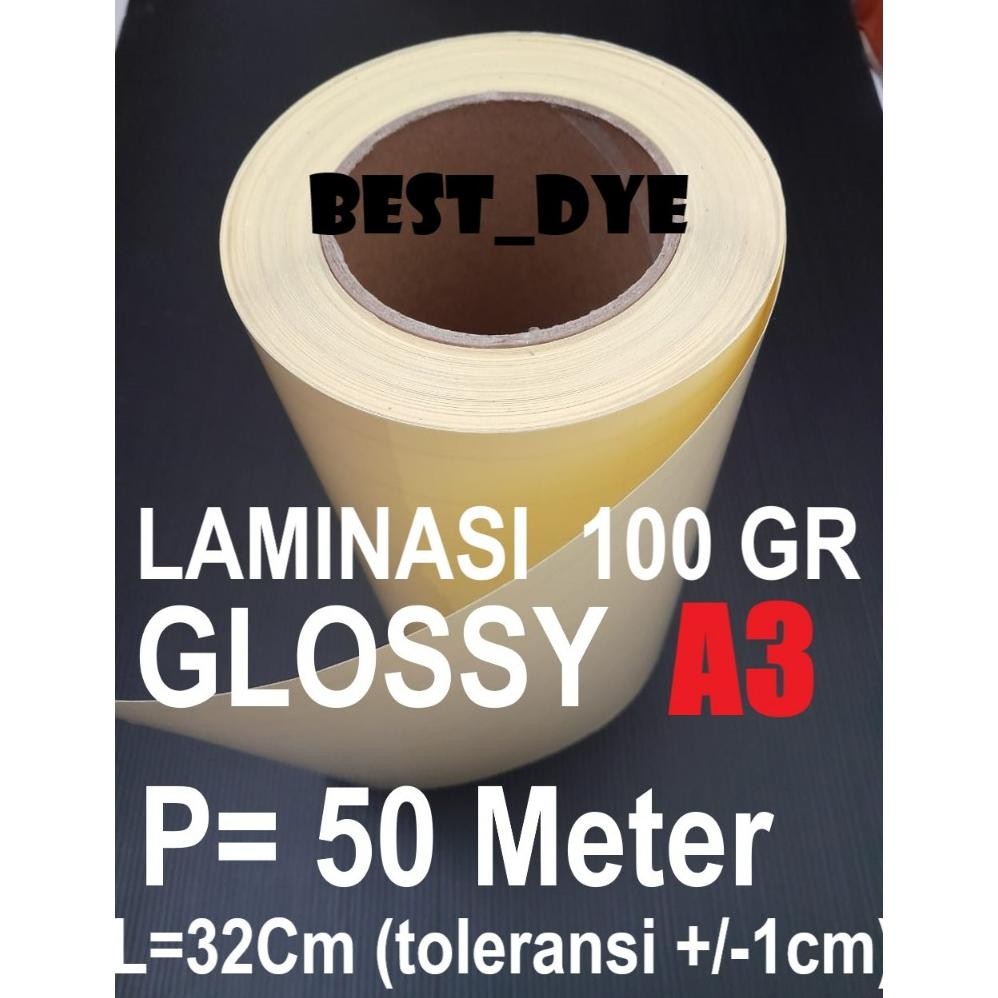 

JH8 Plastik Laminasi Dingin GLOSSY 100 GR, A3= 32 Cm x 50 Meter, Roll, Backing Paper Kuning / Putih