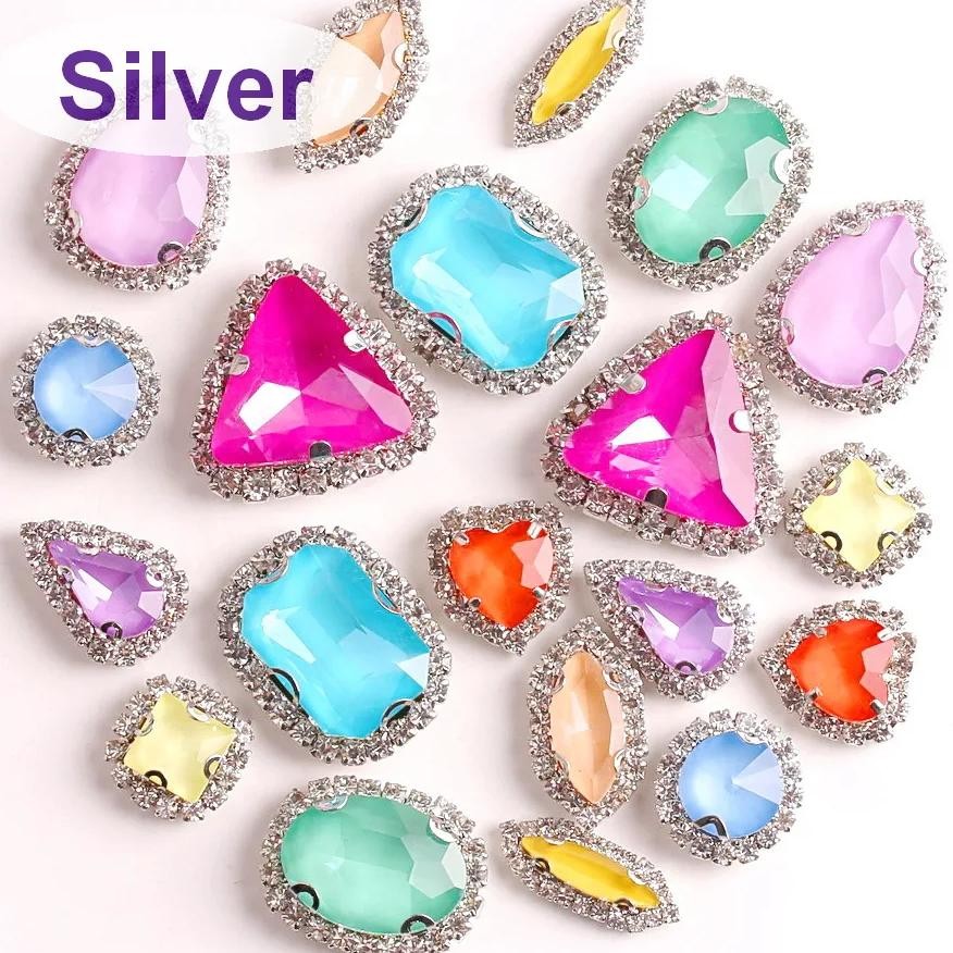 

Silver Sunflower Type Claw Settings 10 Shapes Mix Jelly Candy Colors Glass Crystal With Rhinestone Chain Sew On Diy Trim