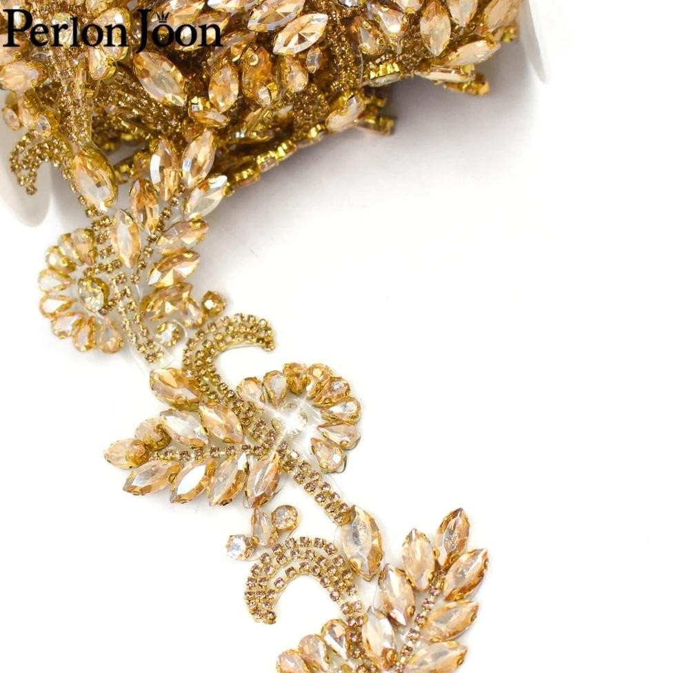 

1 Yard Crystal Rhinestone Trim Flower Leaf Shaped Diy Repair Iron-On Rhinestone Ribbon Gold Dress Shoes Bags Accessories Tr169