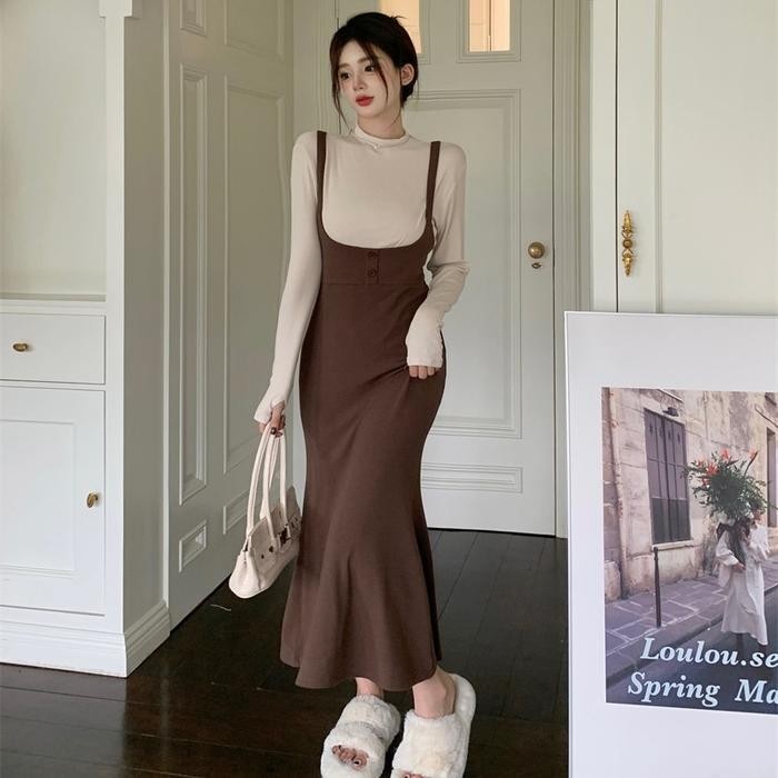 One Set Turtle Neck Long Sleeve Top + Strap Midi Dress 1570 (S/M/L/Xl)