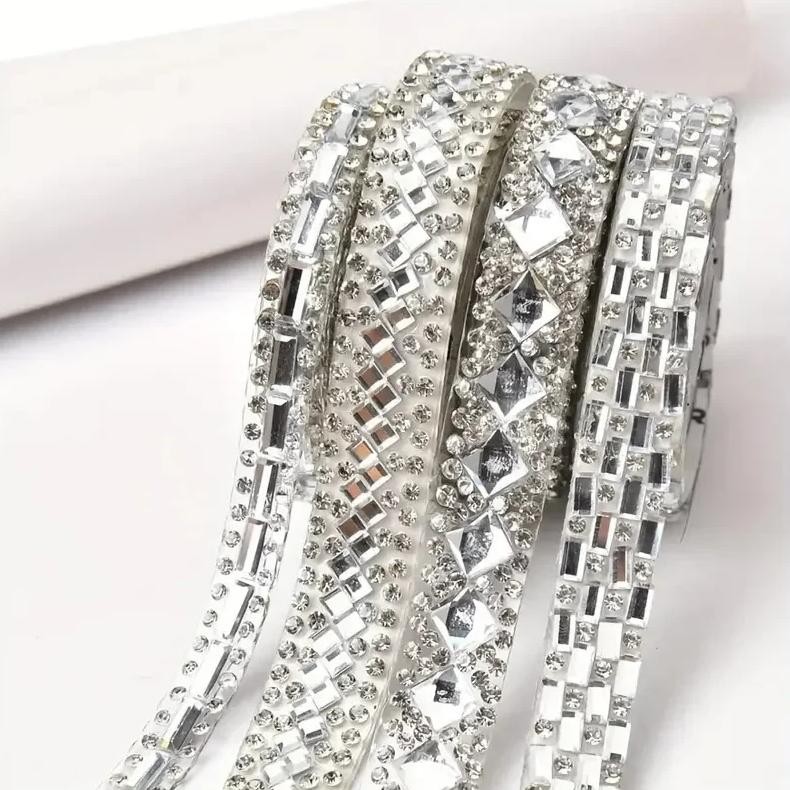 

1Yard Glitter White Crystal Rhinestone Tape Trim Self-Adhesive Glass Appliques Diamond Sticker For Dress Shoe Adornment Ribbon