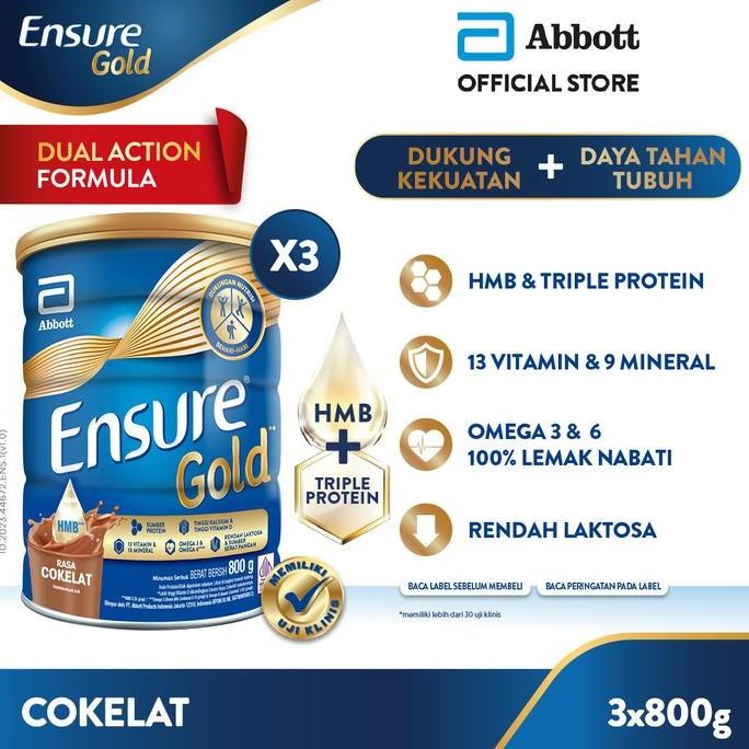 

Ensure Gold Hmb Cokelat 800 G - Nutrisi Dewasa Rendah Laktosa - 3 Pcs