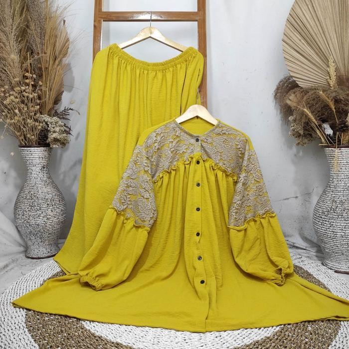 Sahara One Set Ld 165Cm Jumbo | Setelan Celana Renda Brokat Super Jumbo Full Kancing Crinkle Airflow