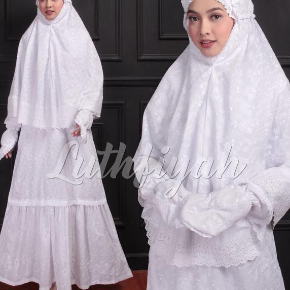 Baju Umroh Wanita El Satu Set Gamis Bergo Sarung Tangan Katun Poliester Polos Bunga Putih Haji Renda