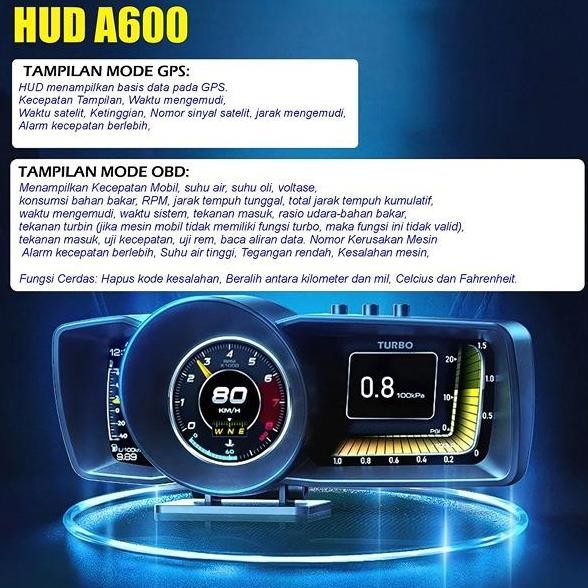 PENGUKUR OTOMATIS A600 HUD GPS + SISTEM OBD, SPEEDOMETER KOMPUTER