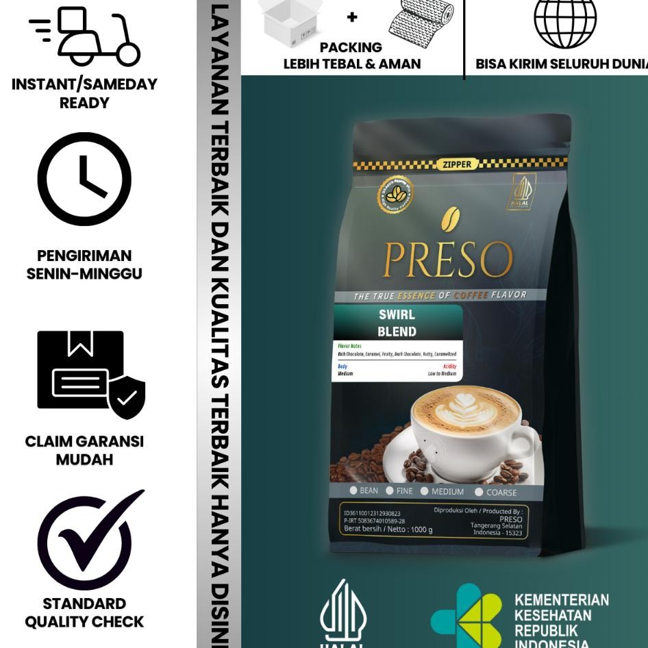 

Preso Kopi Bubuk Swirl Blend House Blend 30 Arabika 70 Robusta Coffee Beans Coffe Bean 1Gr