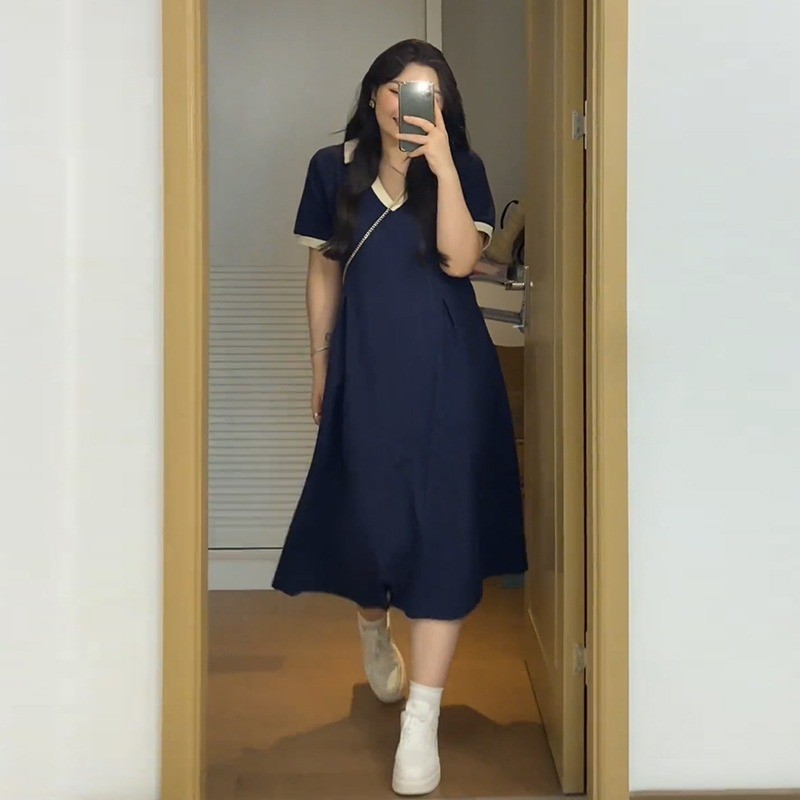 Plus size Dress Female Mid-Length Western Style Niche polo Collar Short Sleeve Skirt