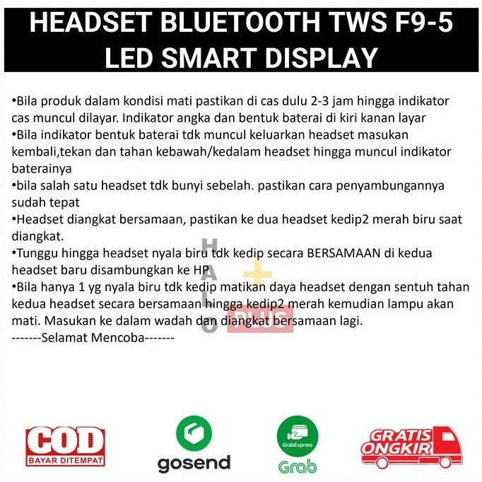 JH8 Headset Bluetooth TWS F9 -5  LED Smart Display with Powerbank Earphone Speaker Bass Biru Merah