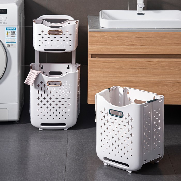 KERANJANG TEMPAT BAJU PAKAIAN KOTOR KERANJANG LAUNDRY 2 TINGKAT BERODA