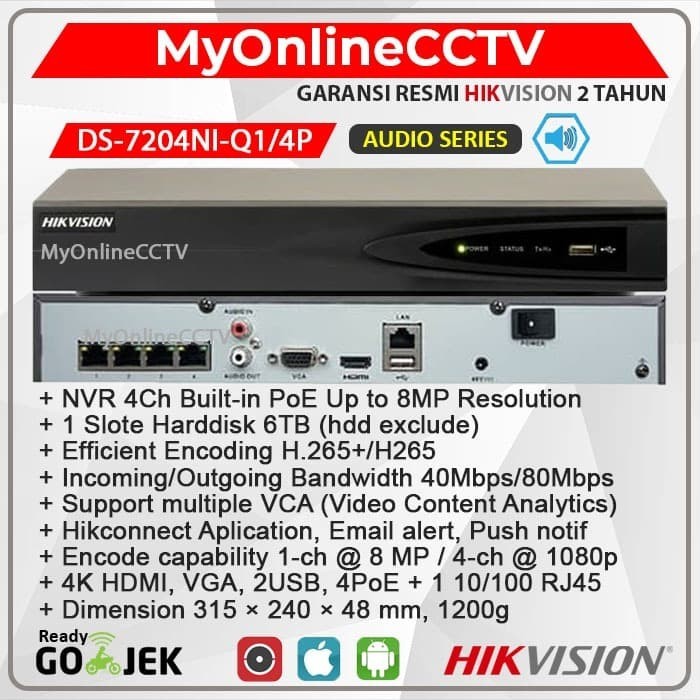 TERBARU DS-7604NI-Q1/4P NVR IP Camera CCTV Hikvision 4 ch PoE Audio