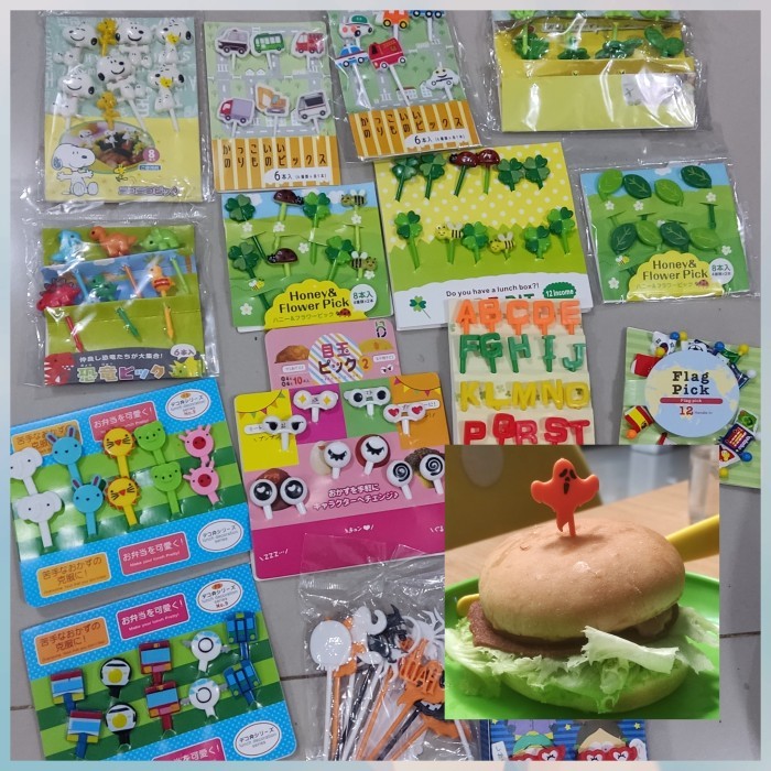 tusuk garpu bento bekal karakter kacamata daun bendera mata dino anak