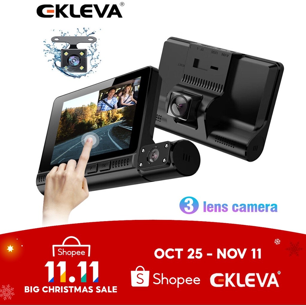 Kamera Dasbor 4 Dalam 1 3 Lensa Ekleva Layar Sentuh Kamera Mobil DVR Perekam Loop Rekaman Pemantauan